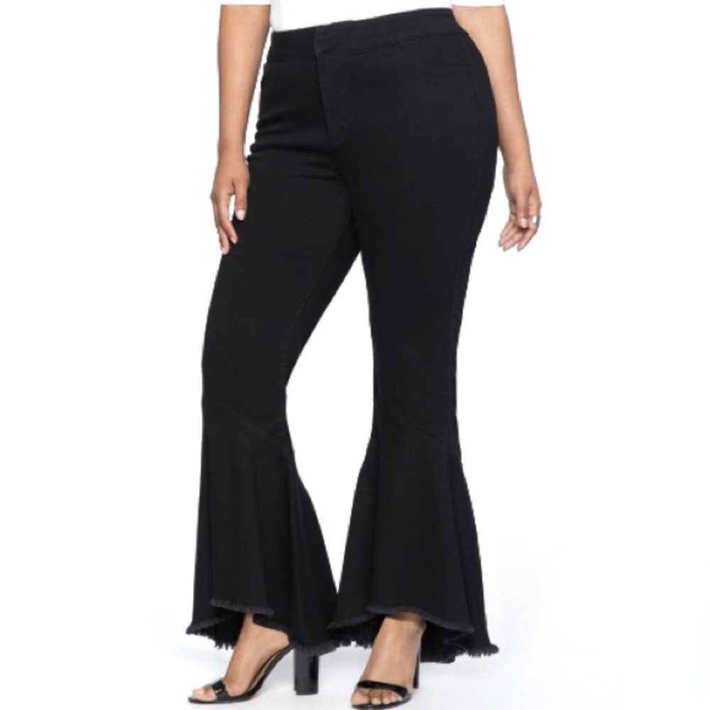 Eloquii high waist flare leg ruffle denim